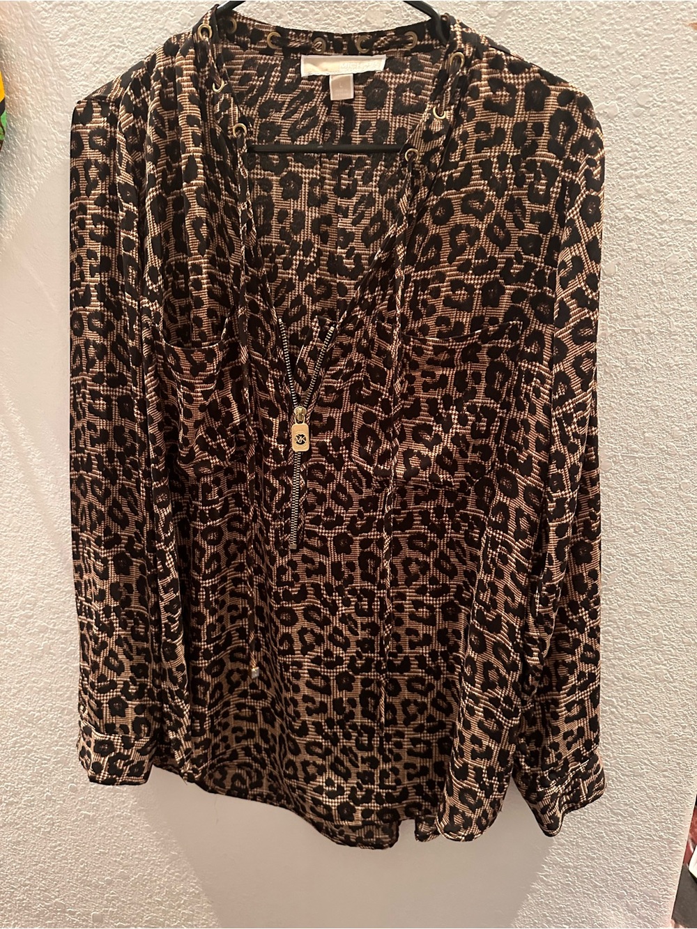 Michael Kors Tan and Black Leopard-Print V-Neck Blouse